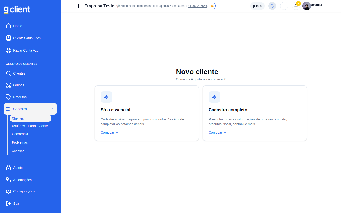 Tela de novo cliente, com as opções 'Só o essencial' e 'Cadastro completo'