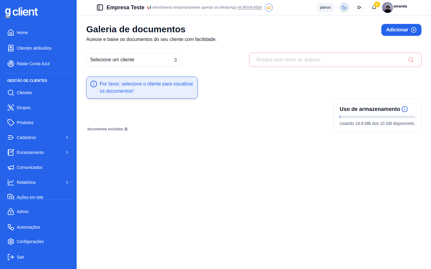Galeria de documentos, com seletor de cliente e indicador de uso de armazenamento