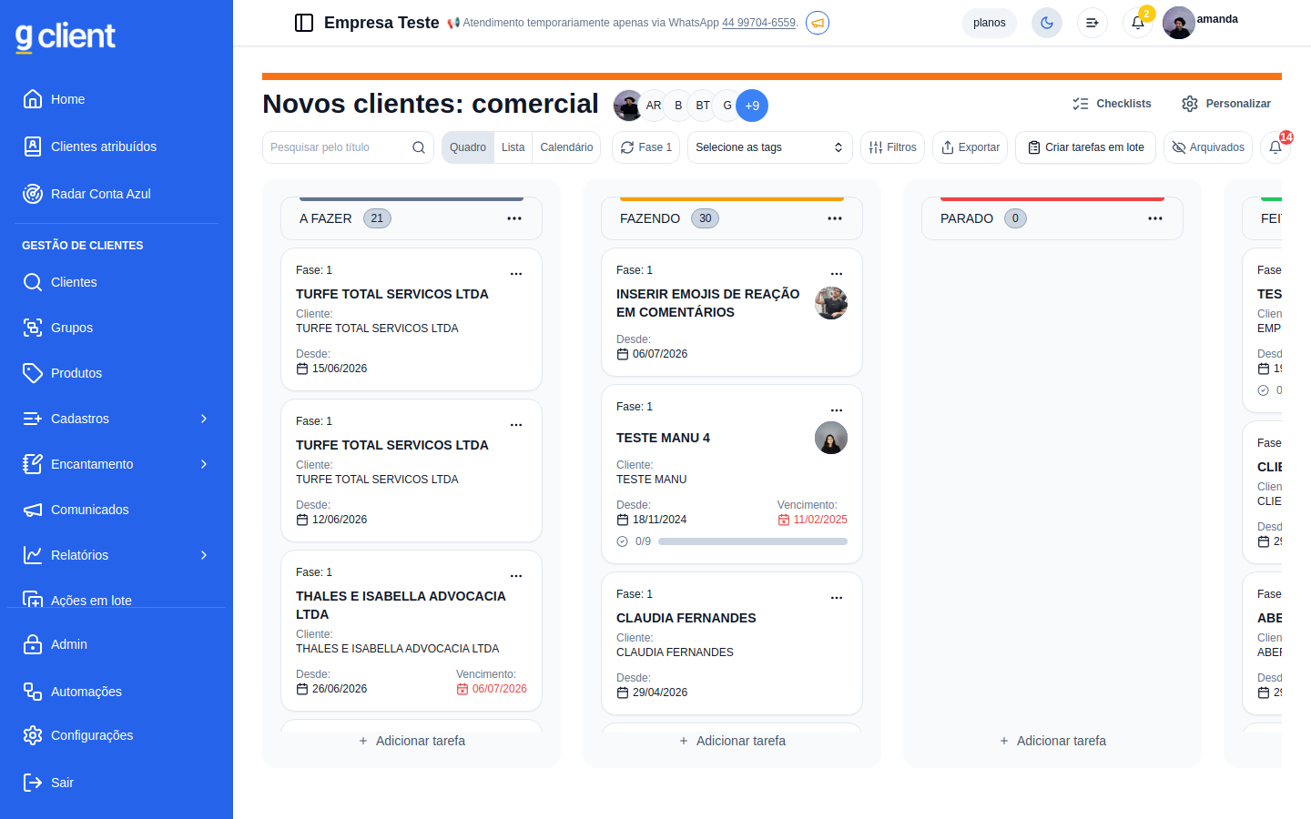Um quadro aberto no formato Kanban, com colunas e cartões de tarefa